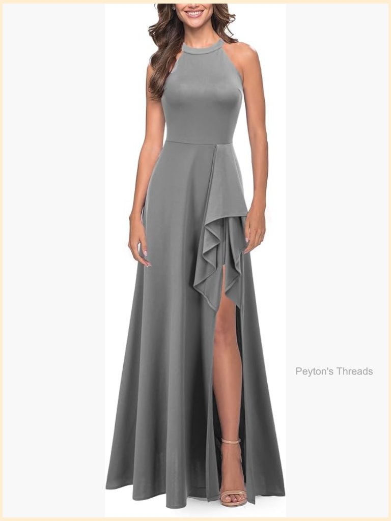 Halter Ruffle Split Formal Maxi Dress For Wedding Guest Cocktail Party